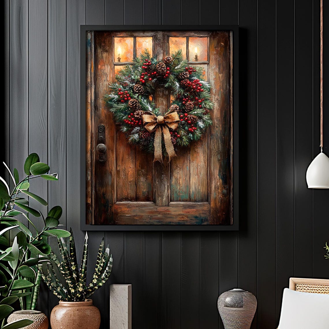 Christmas Wreath on Rustic Wooden Door Candlelit Holiday Wall Art - Image 4