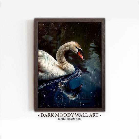 White Swan Painting Dark Academia Wall Art Dark Moody Bird Print Dark Animal Cottagecore