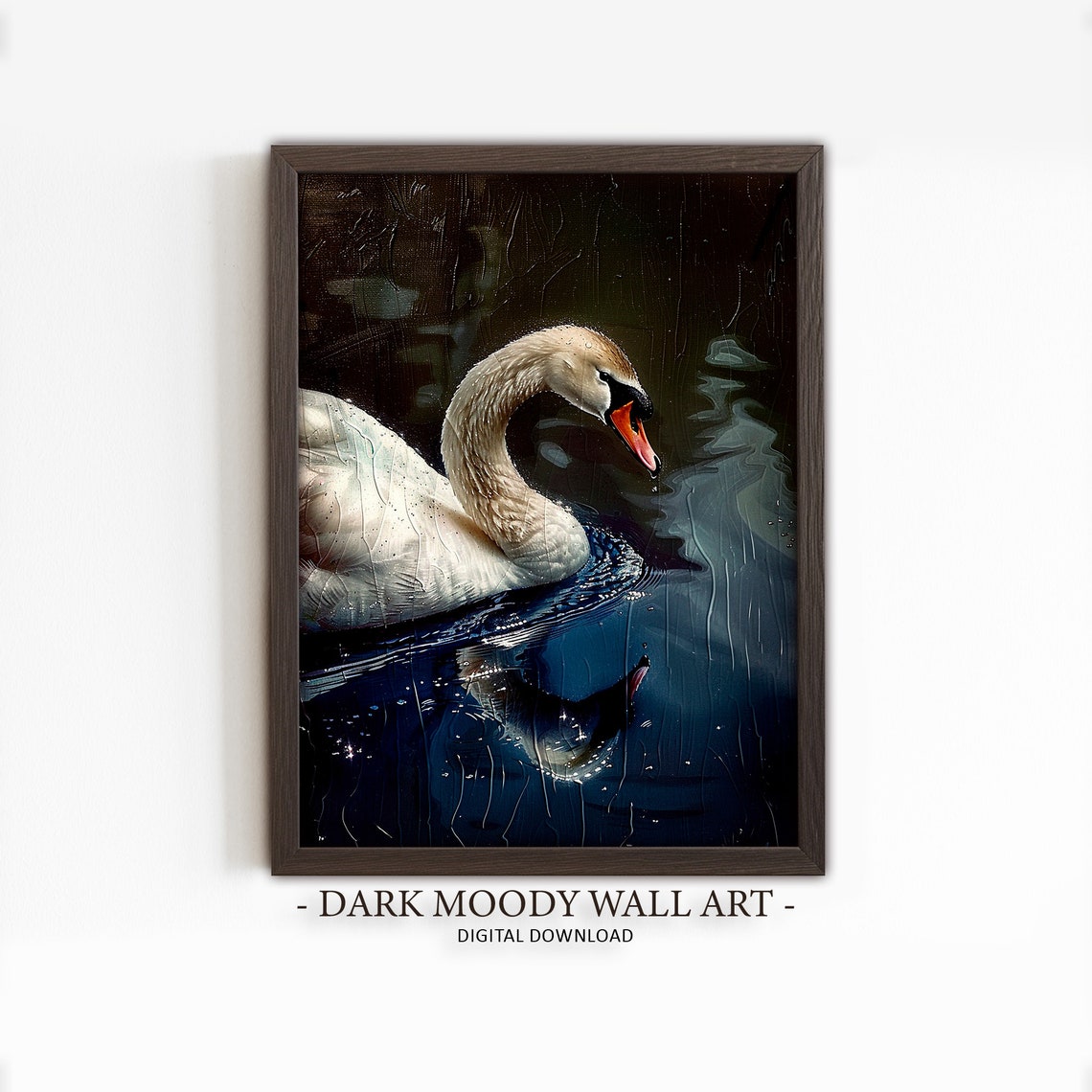 White Swan Portrait Dark Moody Water Painting Vintage Bird Wall Art