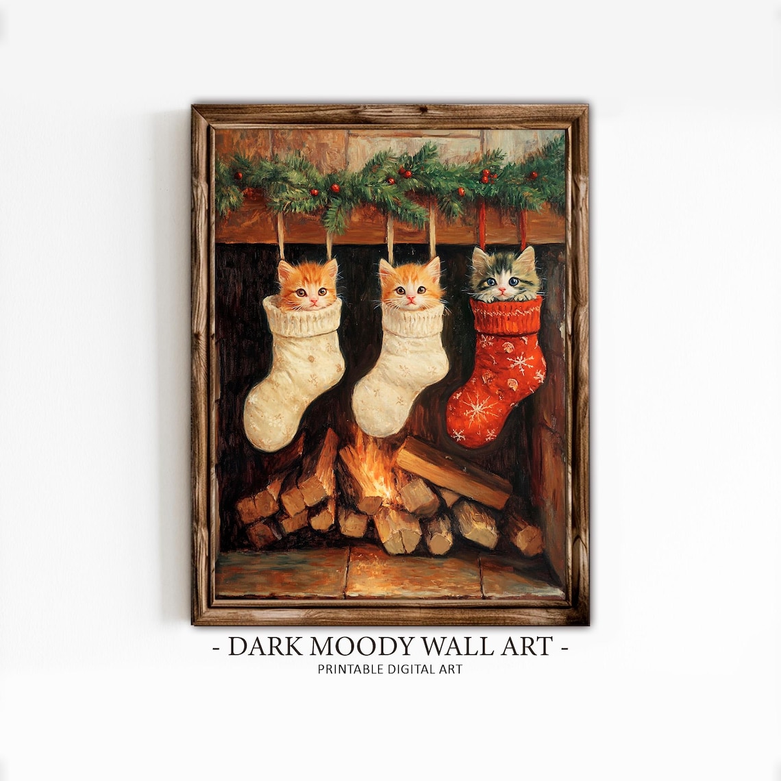 Three Kittens in Christmas Stockings Fireplace Holiday Poster - Image 2