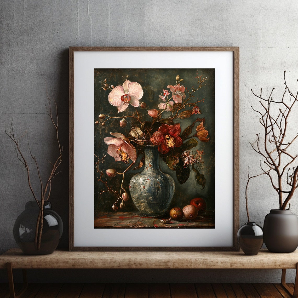 Orchid Still Life Antique Vase Dark Moody Floral Art Scene Poster - Image 4