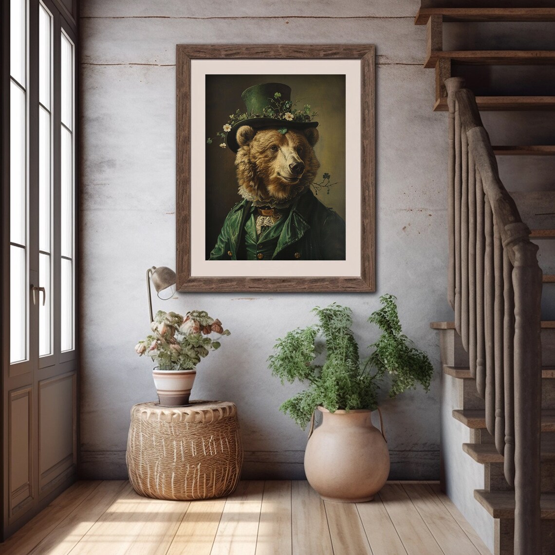 St Patricks Day Irish Bear Shamrock Art, Rustic Clover - Image 4