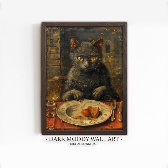 Black Cat Dinner Table Vintage Gothic Cat Feast Painting Poster