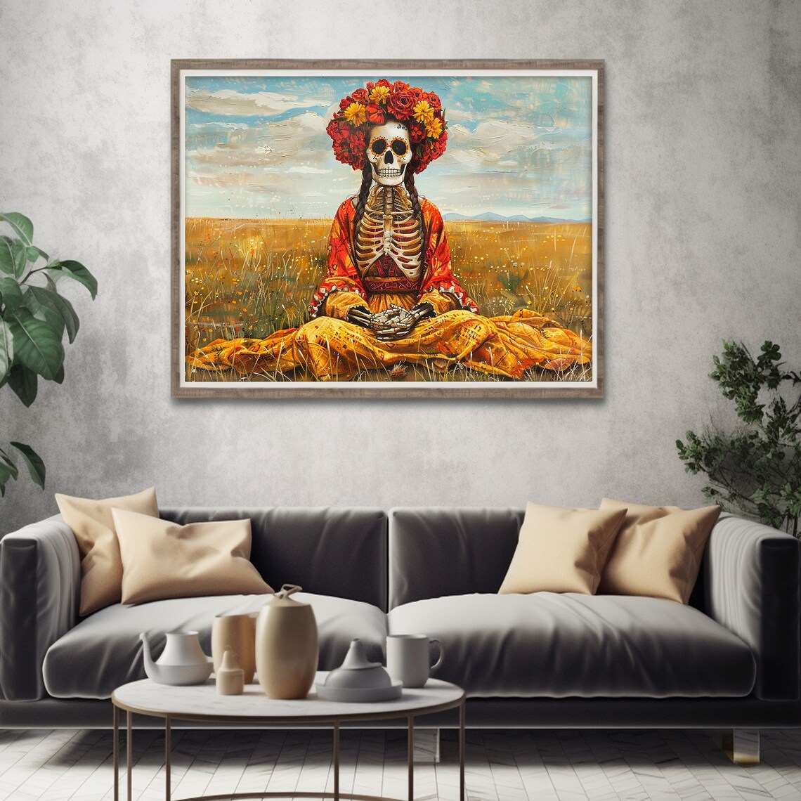 Catrina Skeleton Flower Crown Golden Field Day of Dead Poster - Image 2