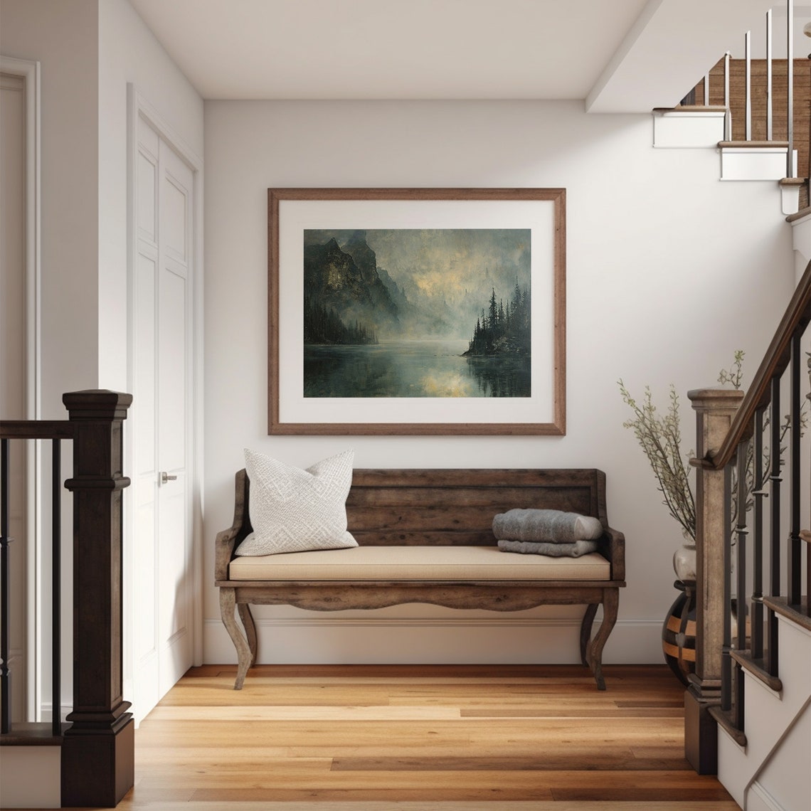 Misty Mountain Lake Pine Forest Dawn Moody Landscape Wall Art - Image 4