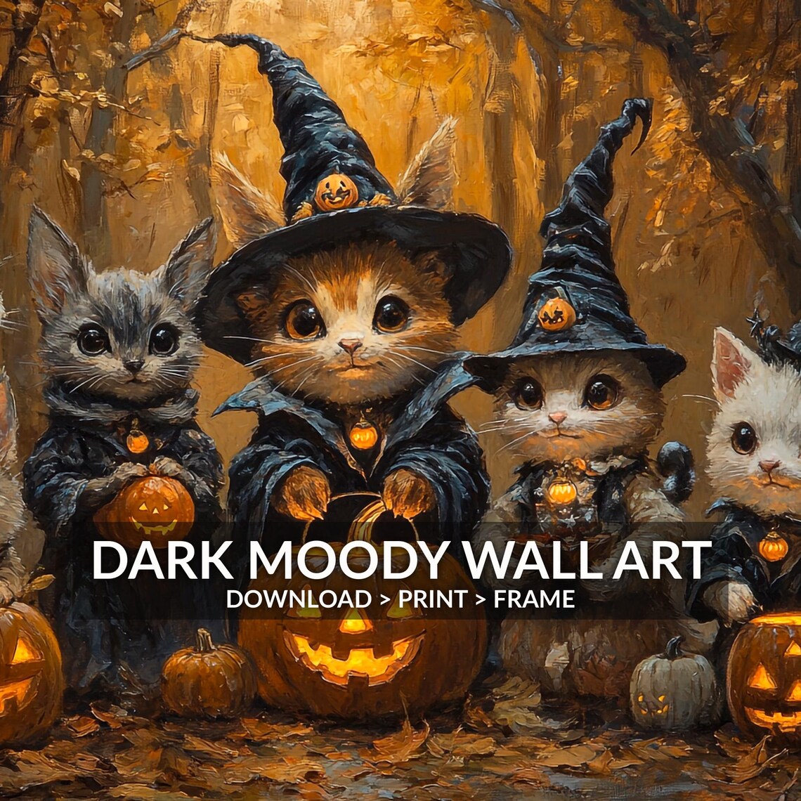 Halloween Kittens Witch Hats Glowing Jack O Lanterns Autumn Art Poster - Image 6