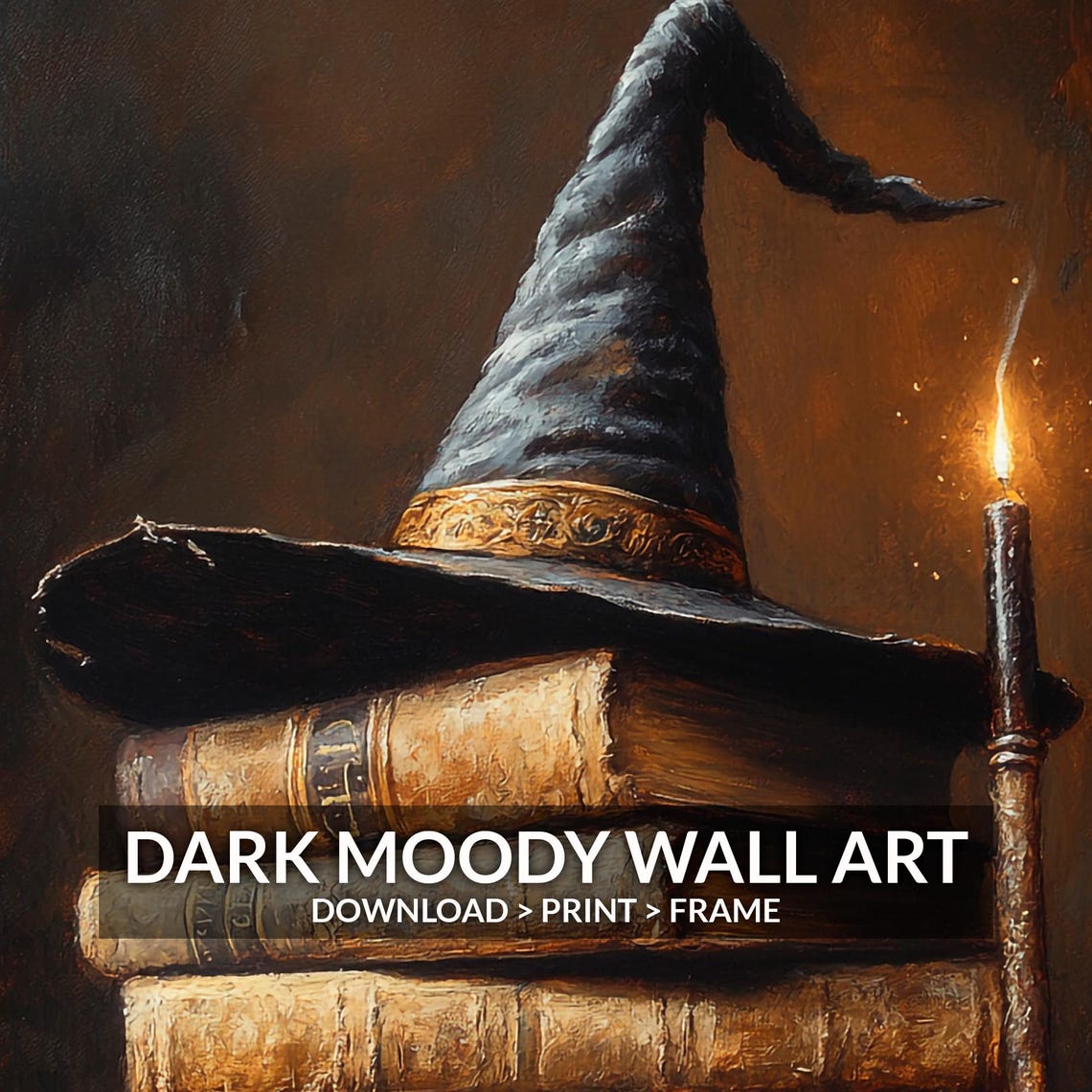 Witch Hat Stacked Books Burning Candle Wand Dark Halloween Poster - Image 5