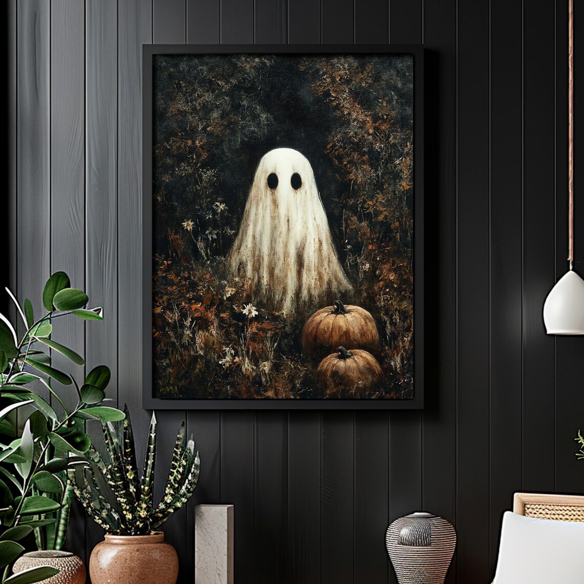 Moody Ghost With Pumpkin Halloween Art Print - Image 2