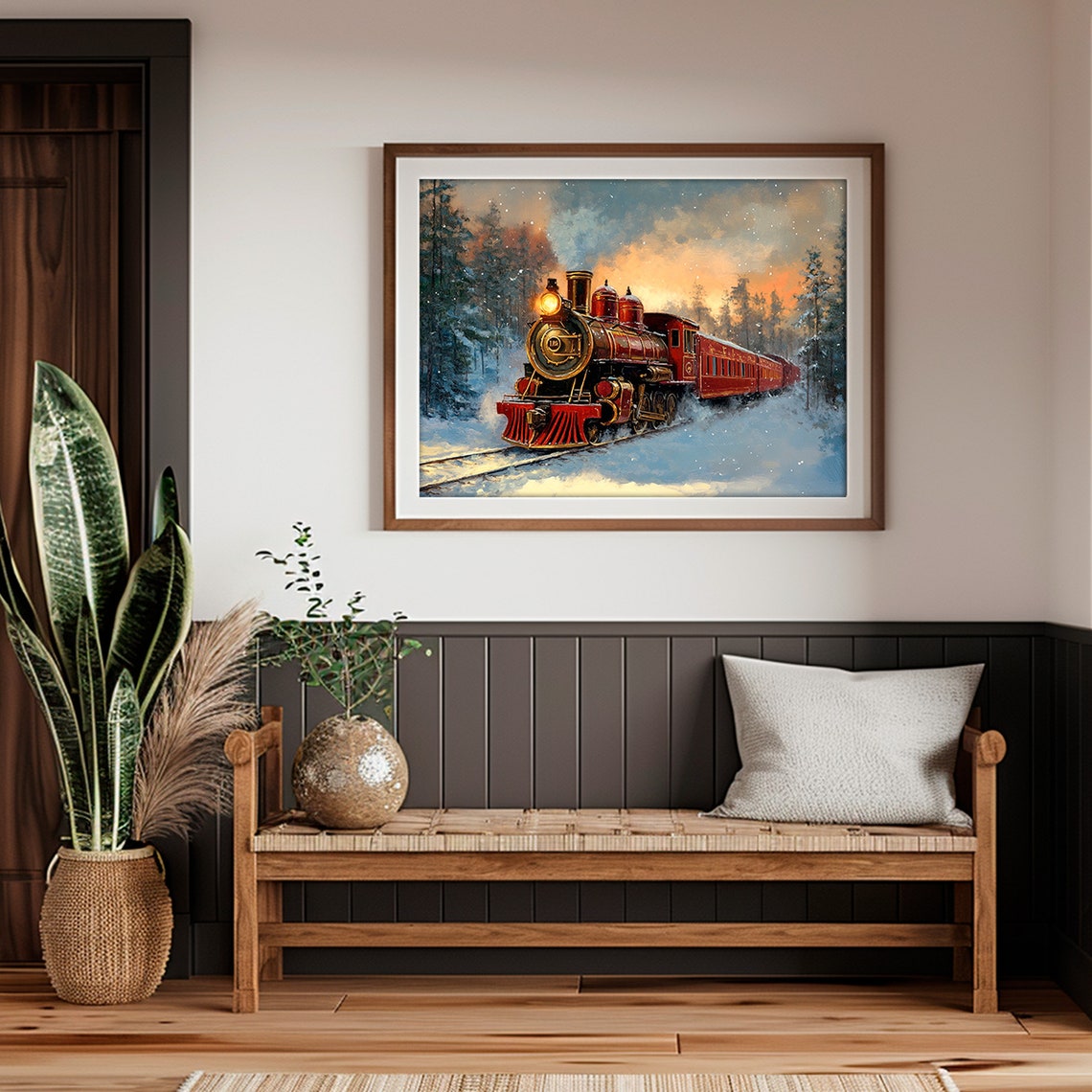 Vintage Red Steam Train Snowy Forest Sunset Scene Painting Poster - Image 2
