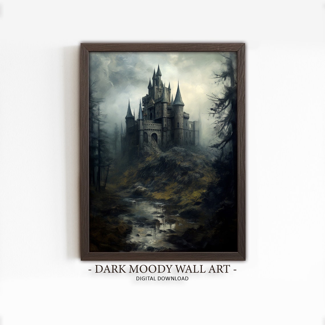 Dark Gothic Castle on a Misty Hill Moody Medieval Landscape Art Poster
