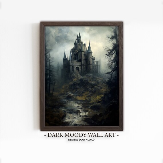 Dark Gothic Castle on a Misty Hill Moody Medieval Landscape Art Poster