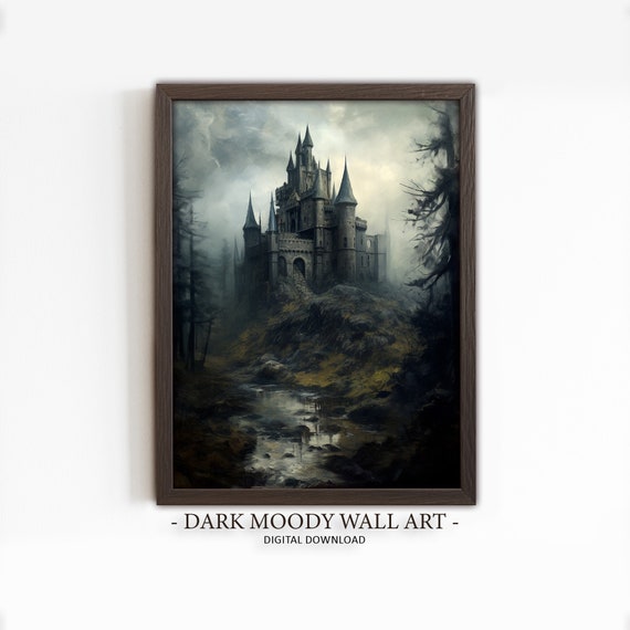 Vintage Castle Moody Landscape Dark Wall Art Gothic Dark Cottagecore Dark Academia Decor Victorian Dark Oil Painting