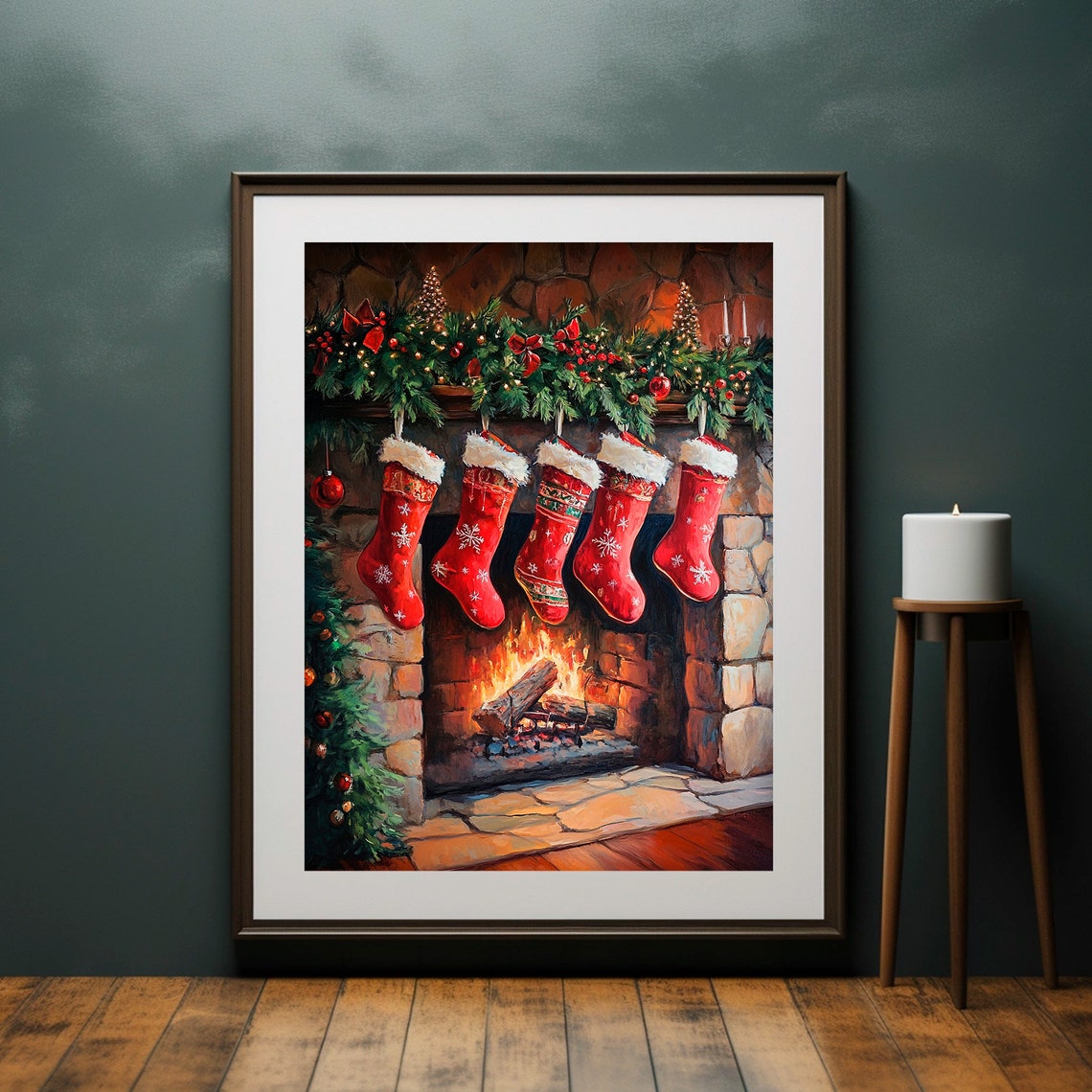 Red Christmas Stockings Fireplace Garland Cozy Night Art Print - Image 2