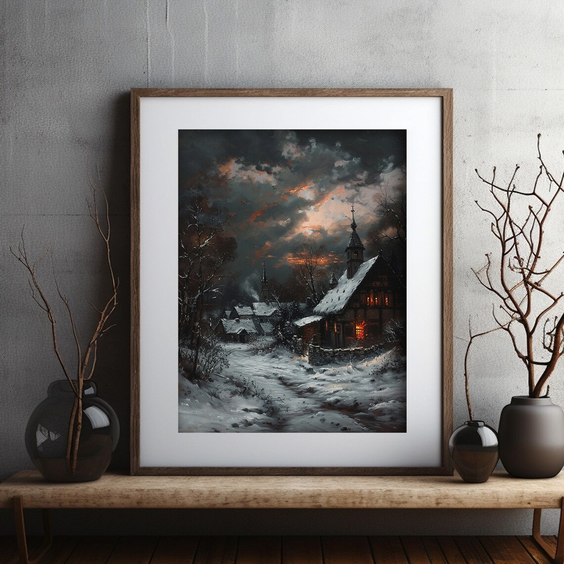 Dark Winter Village, Moody Christmas Rustic Art - Image 2