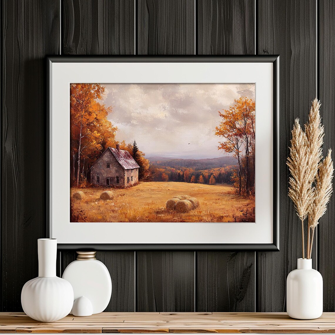 Autumn Cottage Hay Bales Golden Field Fall Countryside Landscape Poster - Image 2