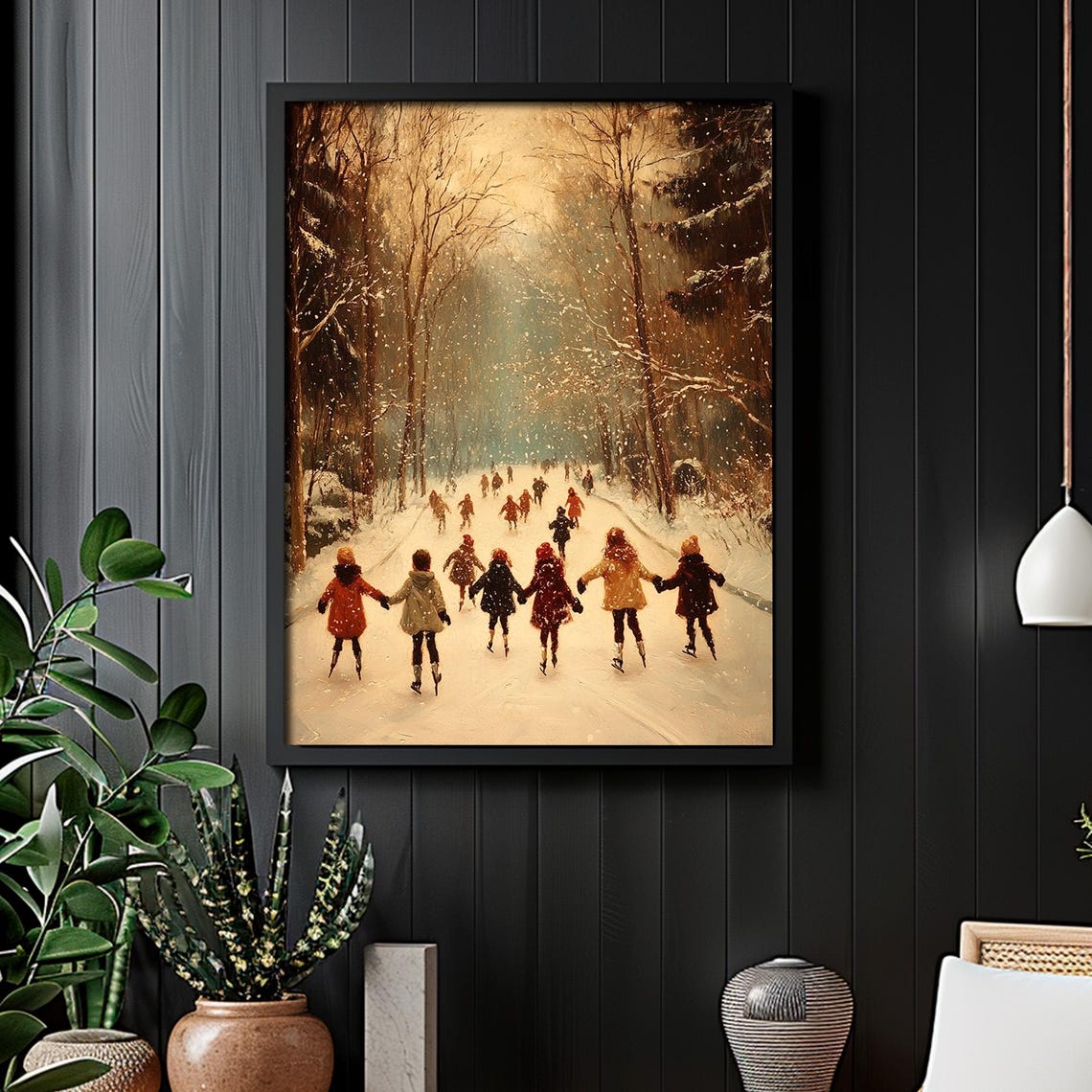 Children Ice Skating On Frozen Forest Pond Winter Painting Wall Art - Image 4