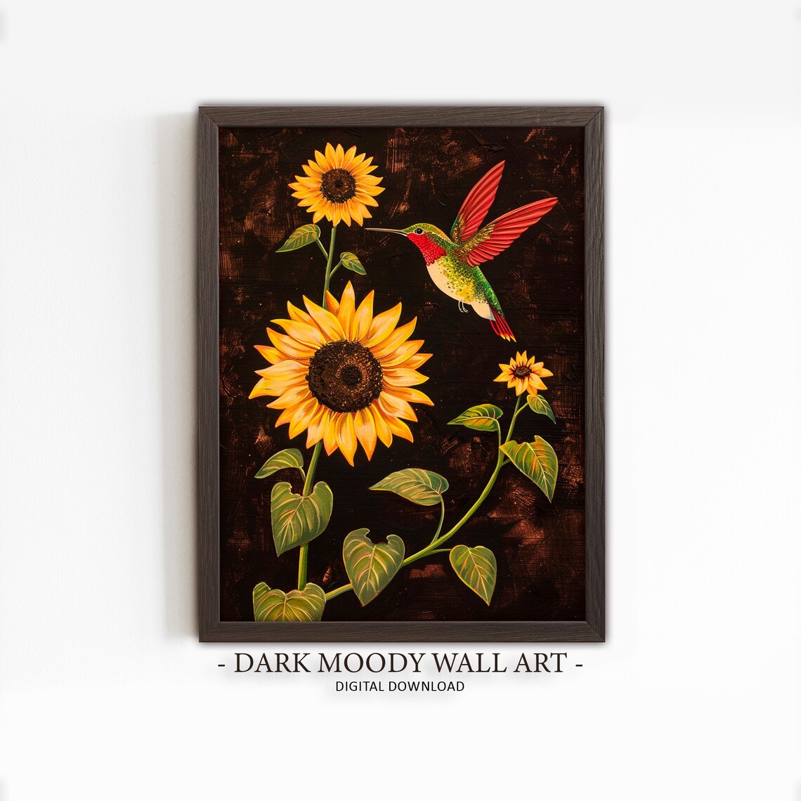 Mexican Hummingbird Art Print, Sunflowers On Black