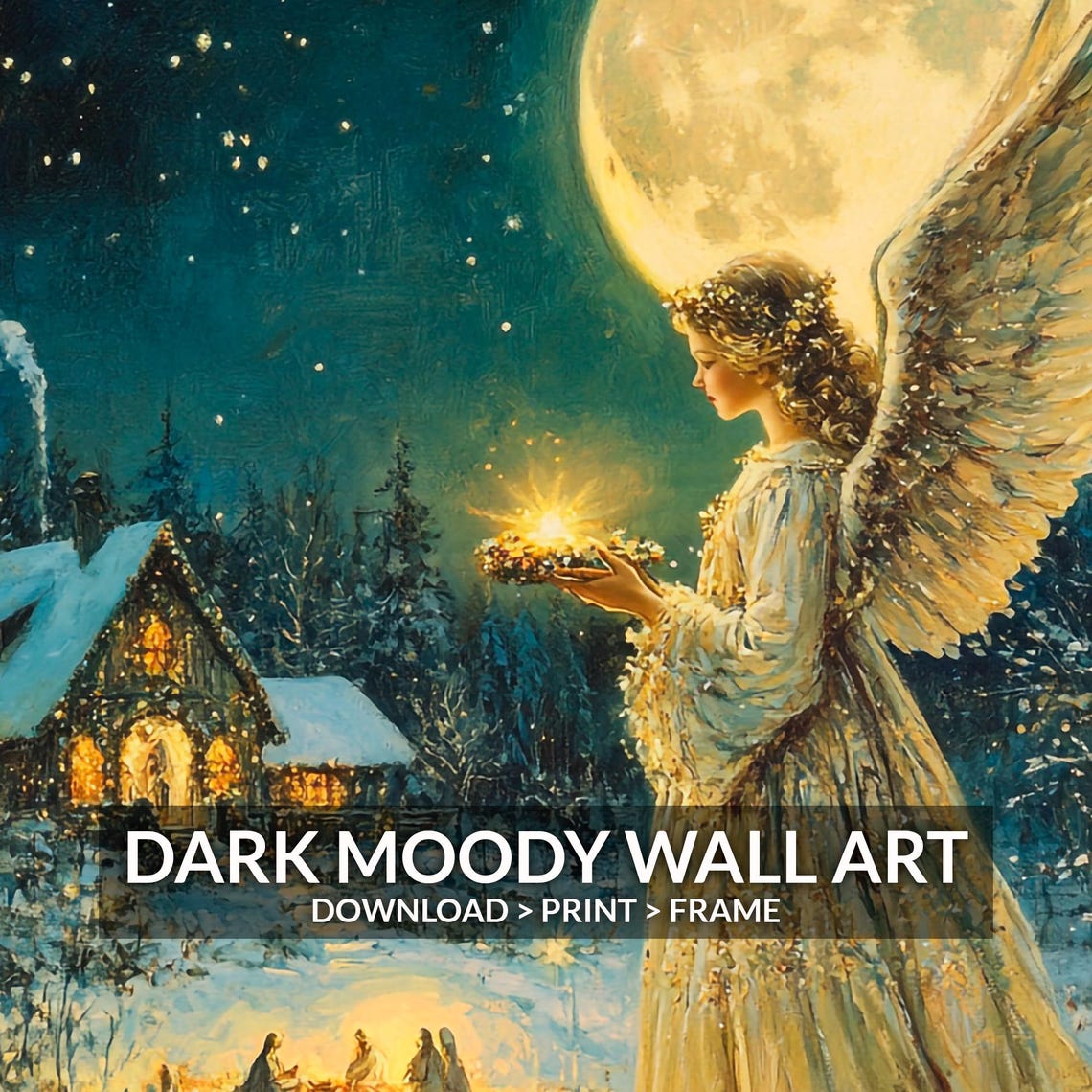 Christmas Angel with Lantern Full Moon Snowy Night Painting Poster - Image 6