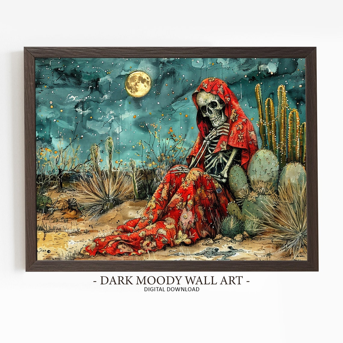 Dia De Los Muertos Skeleton Desert Cacti Moonlight Painting Poster