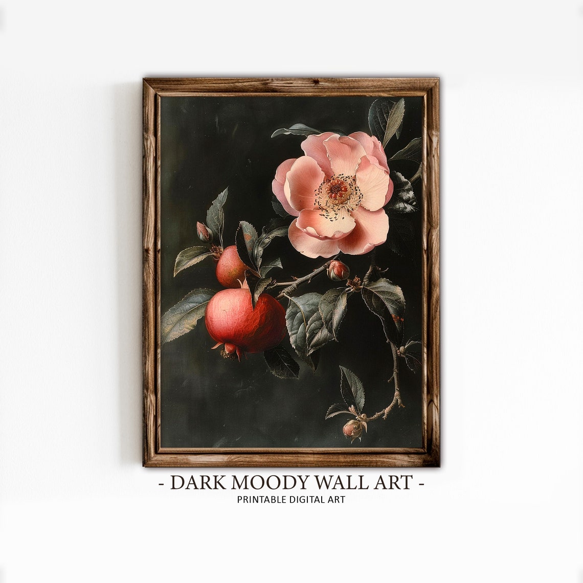 Pomegranate Blossom Branch Dark Moody Botanical Artwork Poster