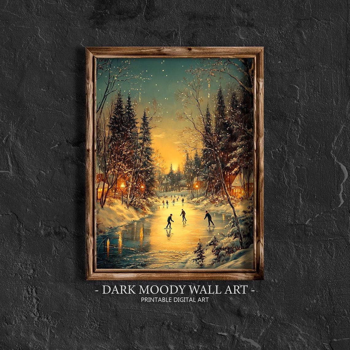 Sunset Frozen River Skaters Snowy Pines Winter Painting Poster