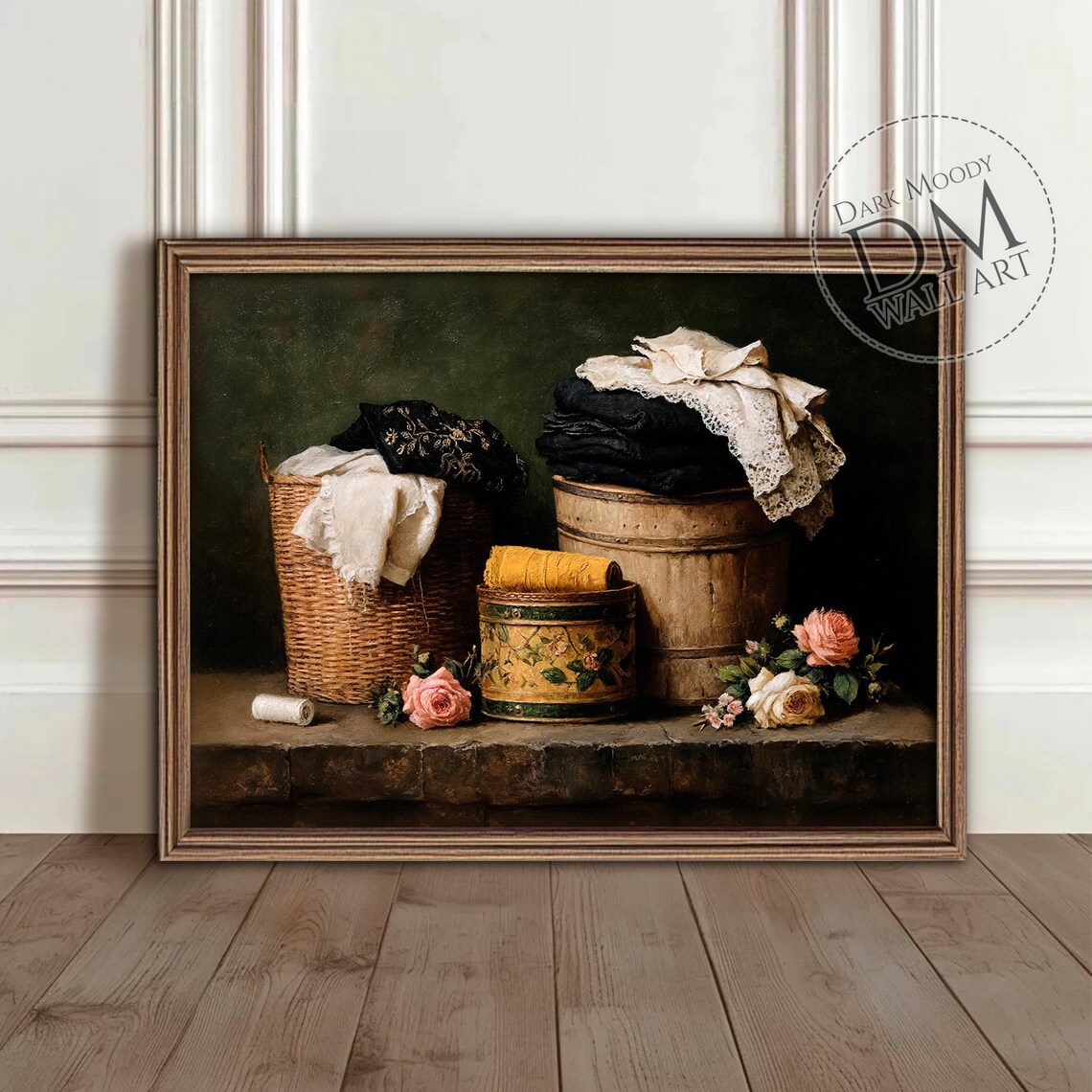 Vintage Baskets With Linens And Roses Art Print