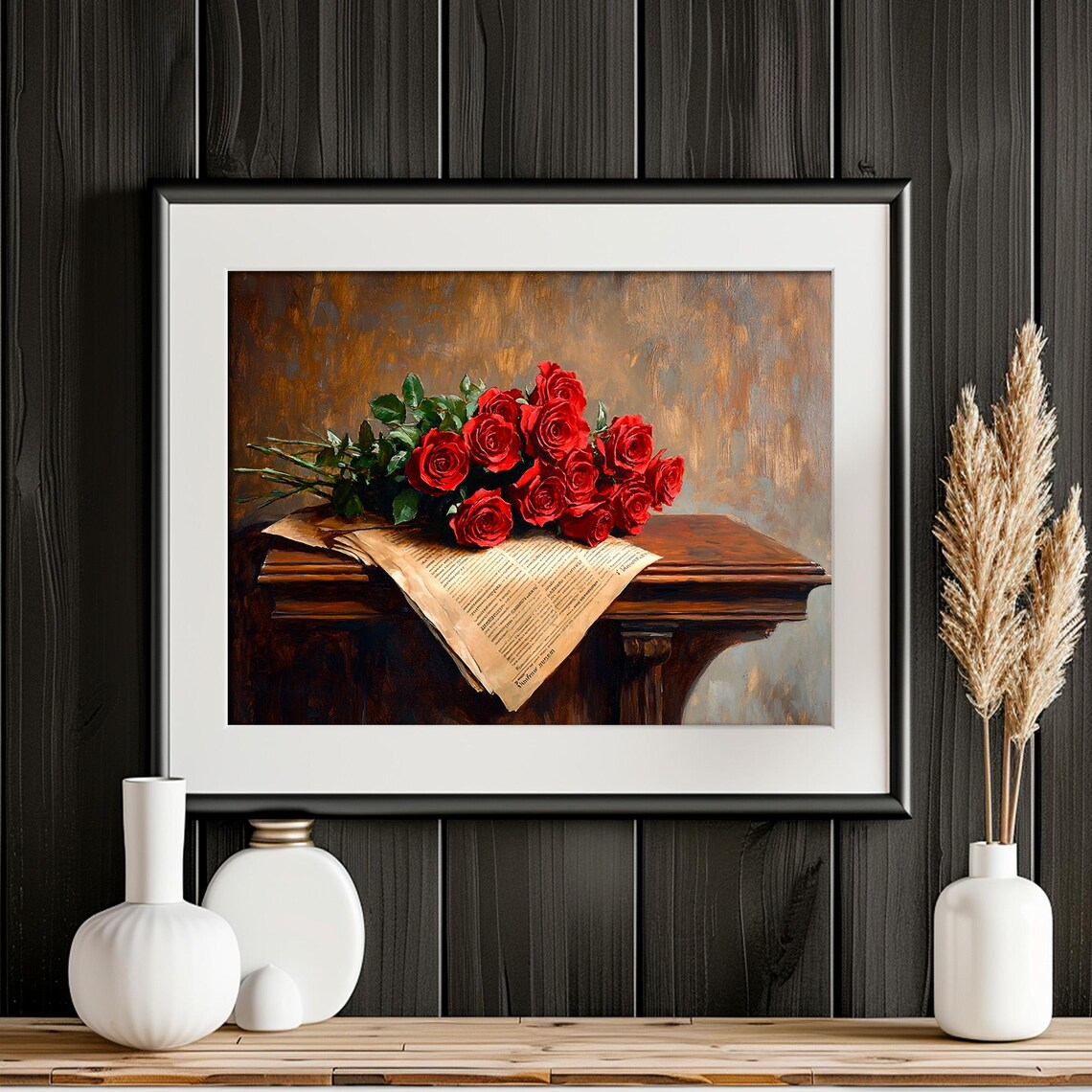 Red Roses Bouquet on Vintage Newspaper Moody Still Life Poster - Image 2