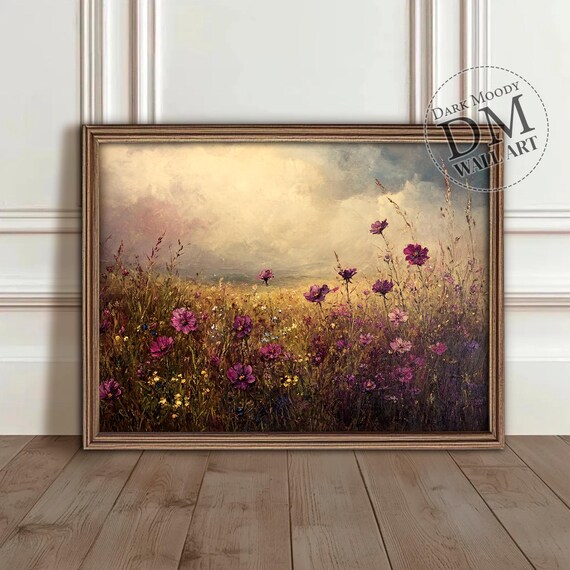 Pink Wildflower Meadow Under Moody Sky Rustic Cottagecore Botanical Poster