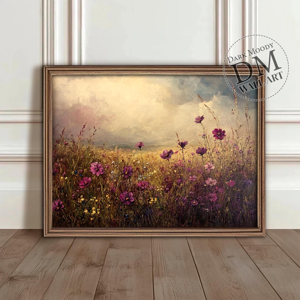 Pink Wildflower Meadow Under Moody Sky Rustic Cottagecore Botanical Poster