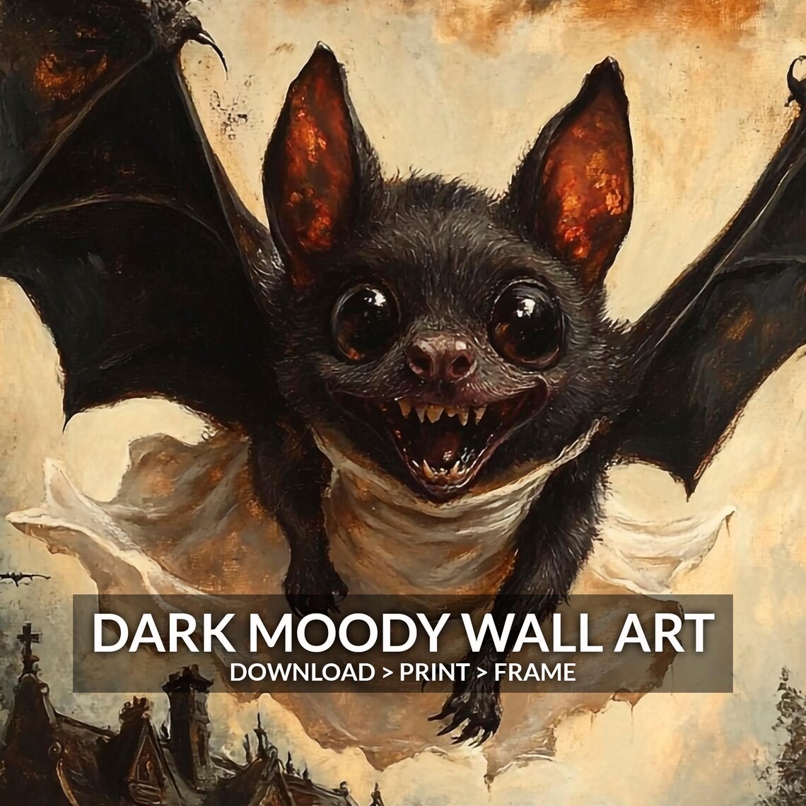Cute Bat Flying Over a Haunted House Dark Moody Halloween Oil Painting Poster - Image 6
