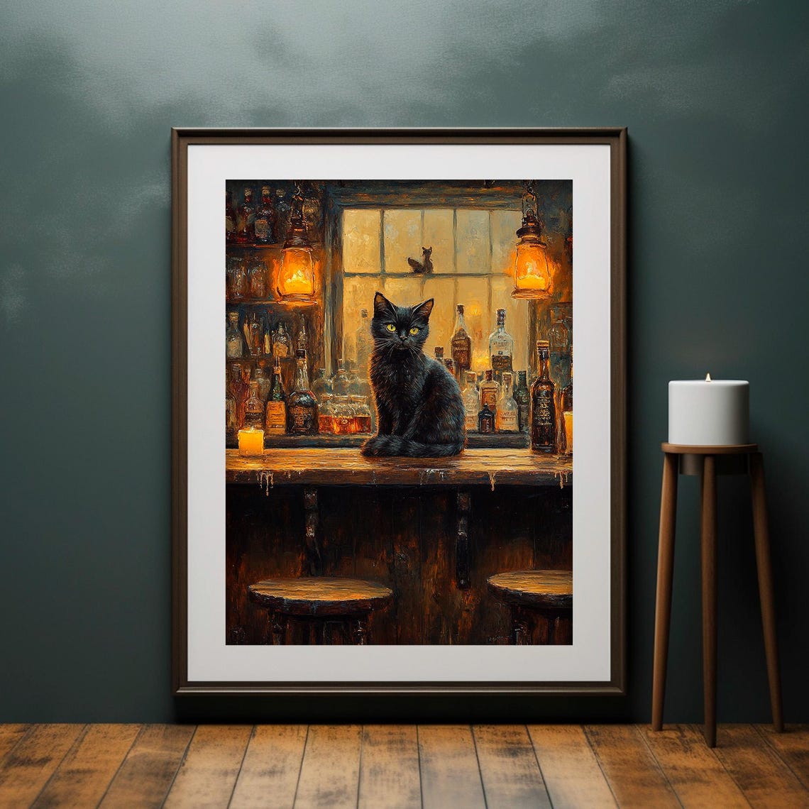 Black Cat Old Tavern Bar Counter Scene Moody Candlelit Wall Art - Image 2