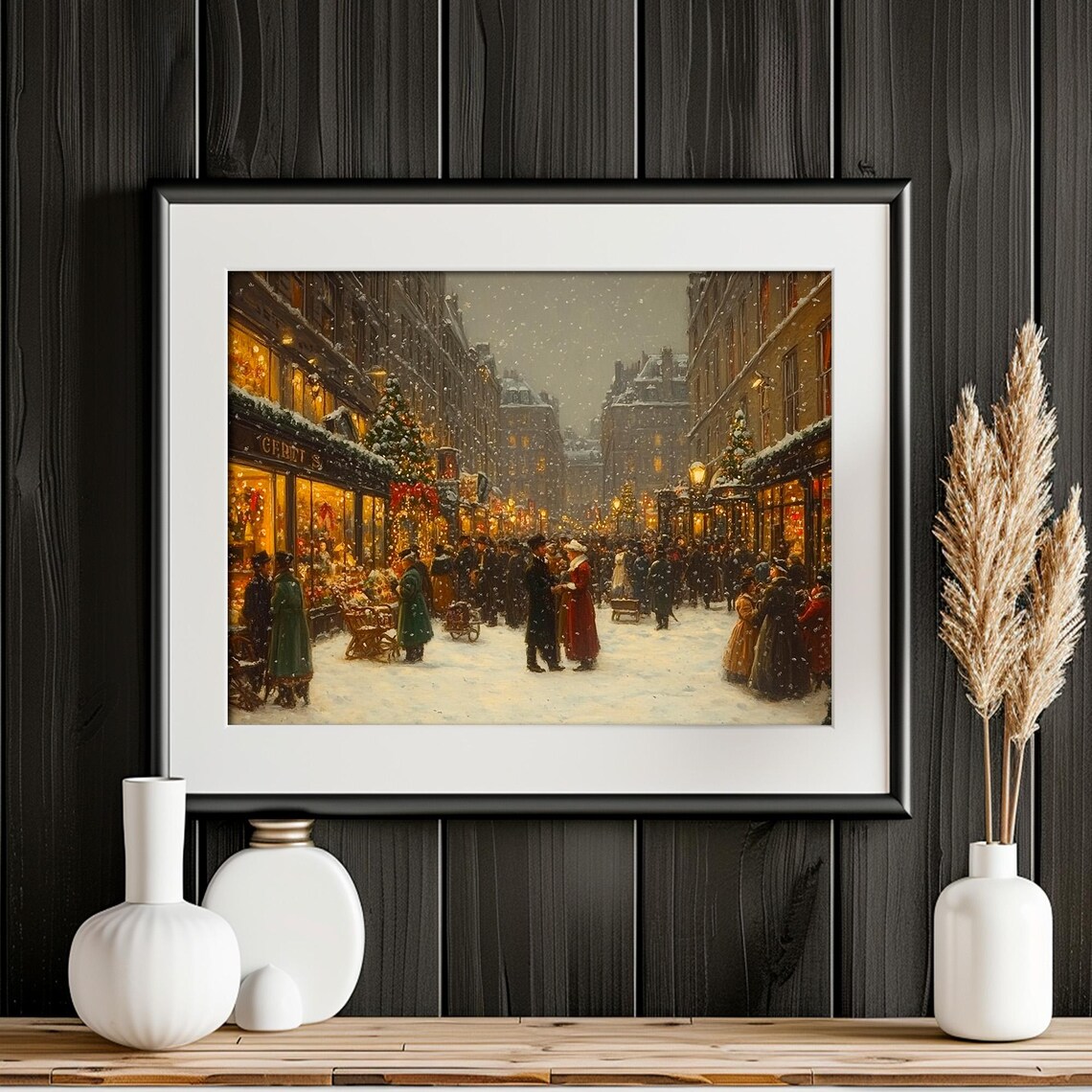 Victorian Holiday Street Glowing Shops Snowy Evening Scene Poster - Image 4