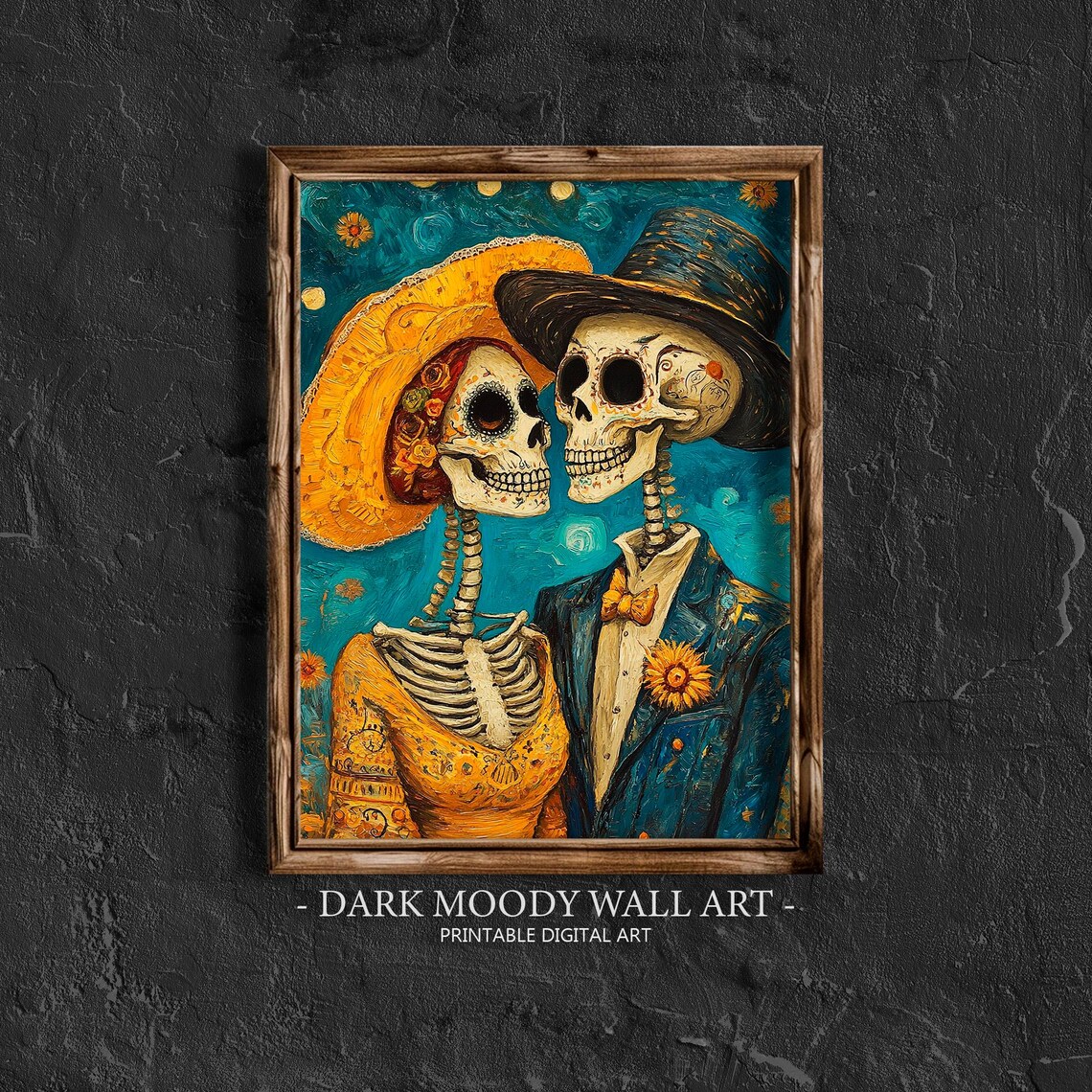 Day of the Dead Skeleton Couple Starry Sky Bow Tie Sugar Skull Portrait Poster