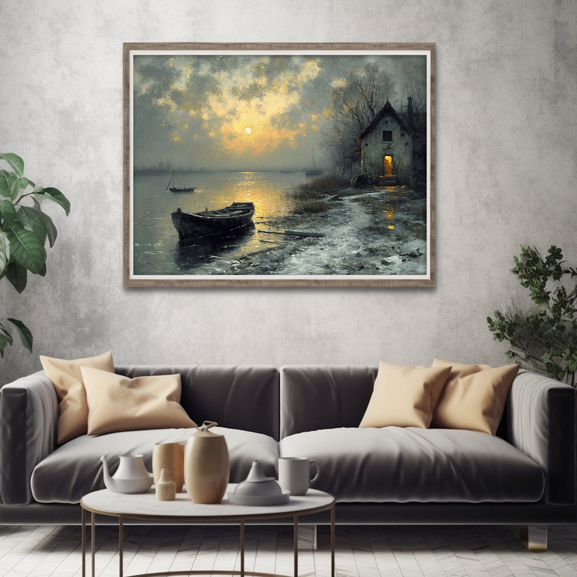 Moody Lakeside Cabin Rowboat Sunset Reflection Dark Rustic Poster - Image 4