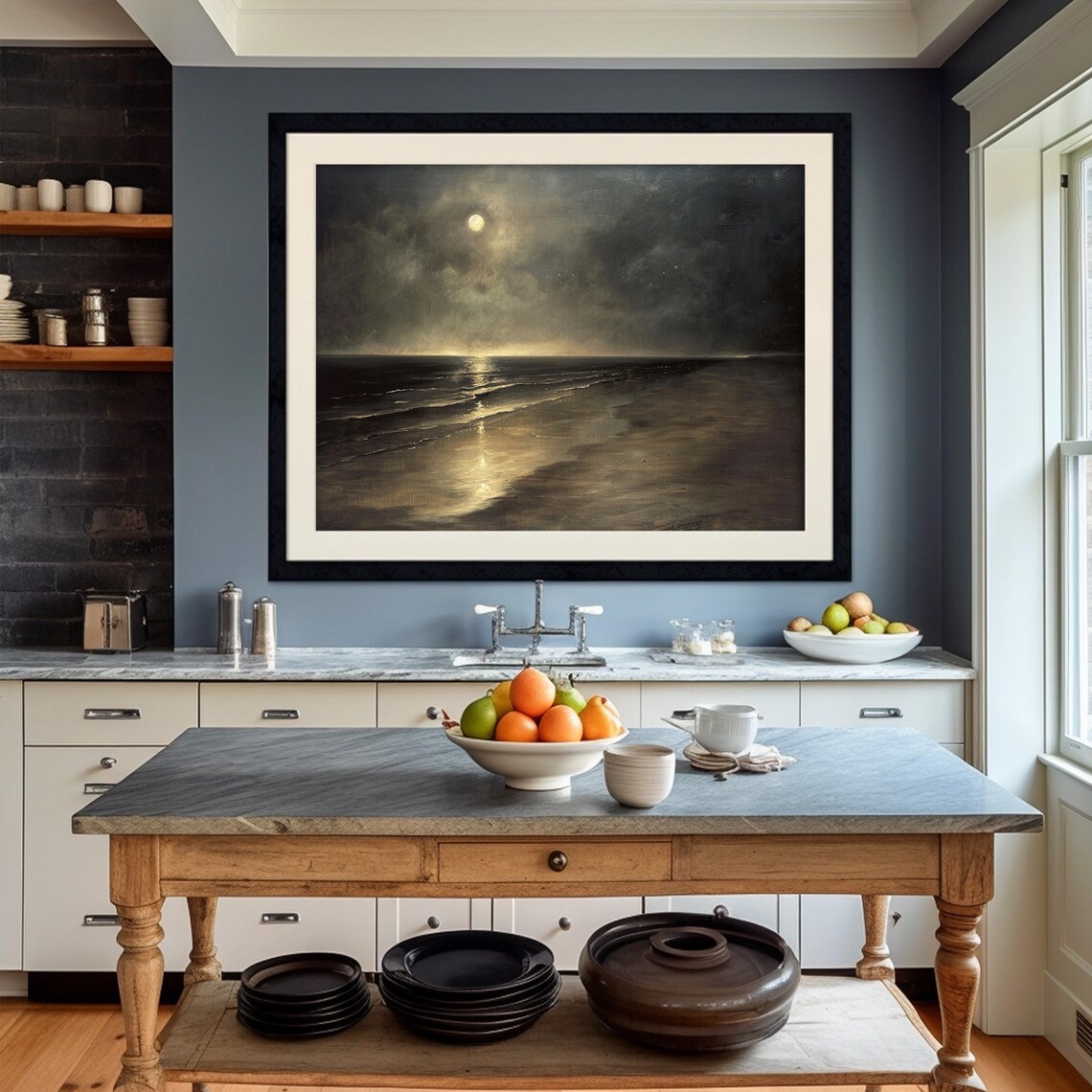 Moody Sea Calm Beach Moonlight Seascape Art Print - Image 2