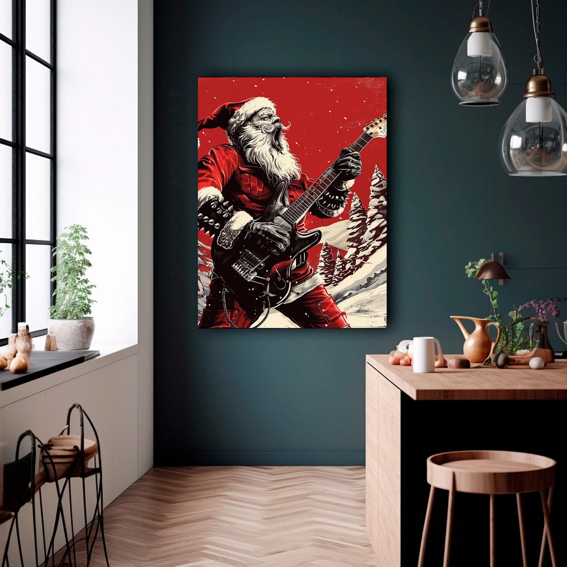 Punk Rock Santa Claus Electric Guitar Gig Red Snow Scene Art Print - Image 2