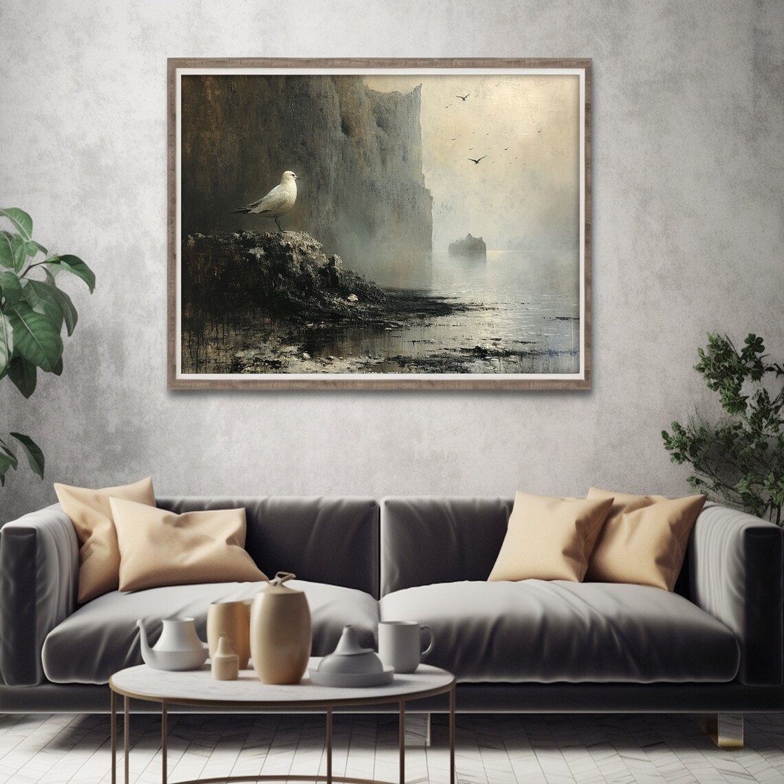 Lone Seagull on Rocky Shore Misty Sea Cliffs Dark Moody Seascape Painting Poster - Image 4