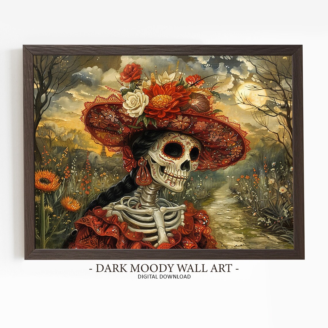 Catrina Red Flower Hat Moonlit Garden Dia de los Muertos Poster
