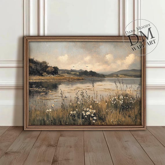 Irish Countryside Lake Rustic Floral Landscape Print
