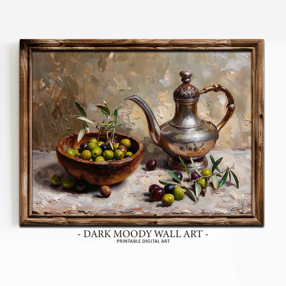 Moody Olive Print Kitchen Wall Decor Dark Still Life Painting Rustic Farmhouse Vegetable Wall Art