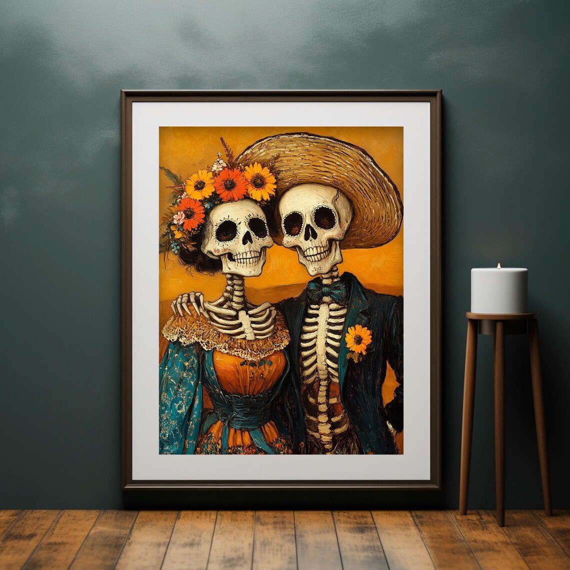 Day of the Dead Skeleton Couple Catrina Love Golden Sugar Skull Portrait Poster - Image 4