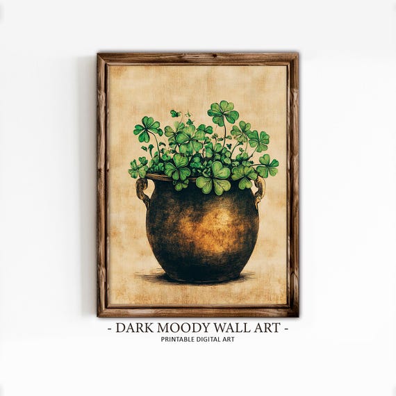 Pot Of Clover Print Vintage St Patricks Day Decor Rustic Irish Wall Art Shamrock Painting