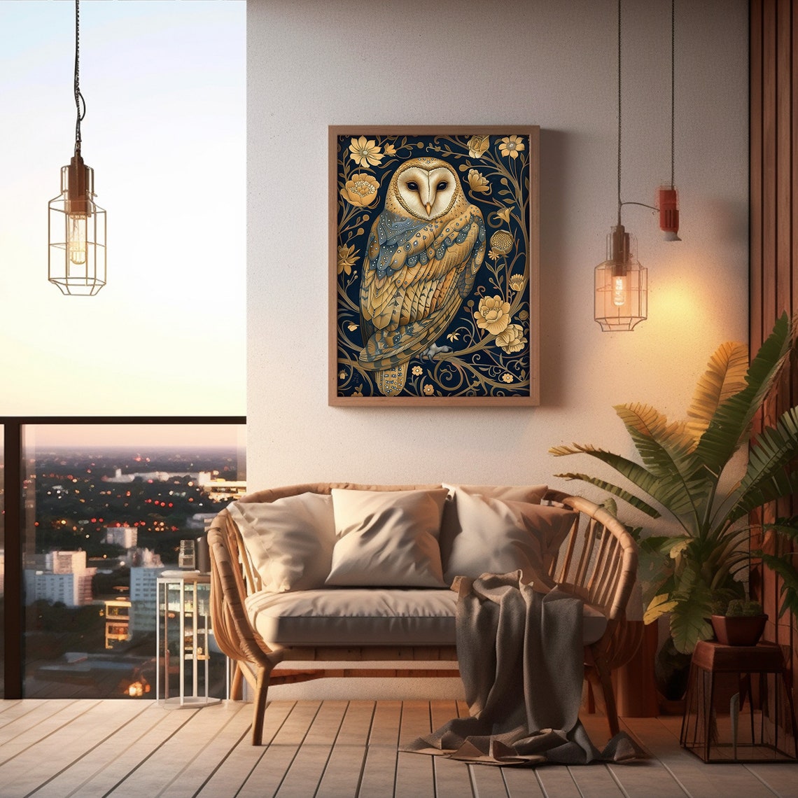 Golden Barn Owl Floral William Morris Style Dark Vintage Wall Art - Image 4