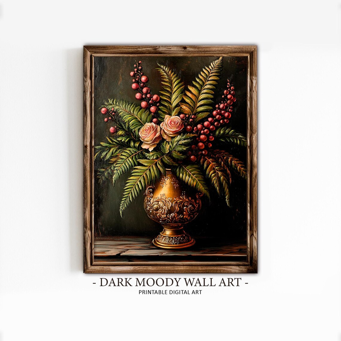 Roses and Berries in Gold Vase Moody Floral Still Life Poster - Image 6