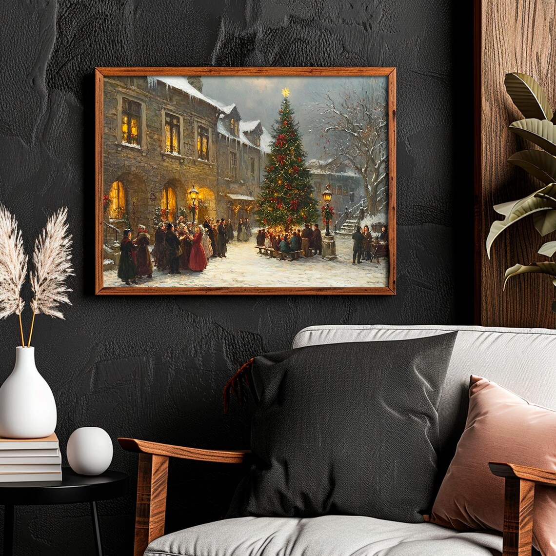 Vintage Christmas Village Wall Art Victorian City Town Street During Christmas Winter Snowy Painting Print - Image 2