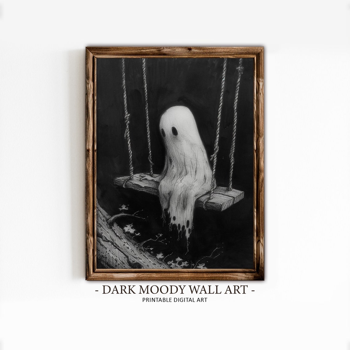 Lonely Ghost On Rope Swing Dark Monochrome Halloween Art Print