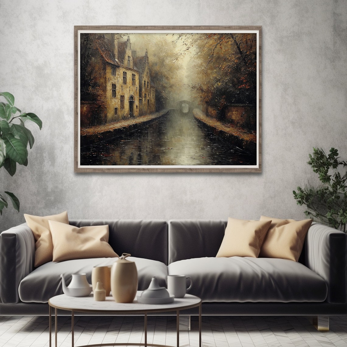 Dark And Moody French Cityscape Painting Fall Dark Cottagecore Art Rustic Wall Decor - Image 3