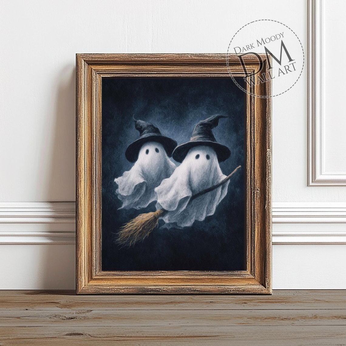 Ghosts With Witch Hats Wall Art Halloween Flying Broom Print