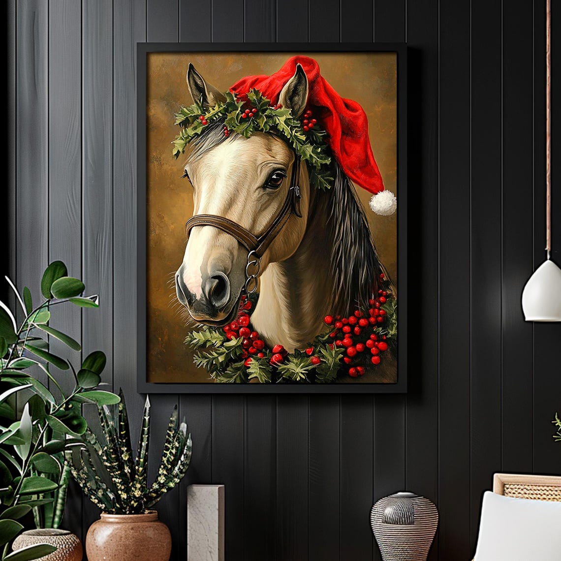 White Horse Wearing Santa Hat Holly Wreath Christmas Equestrian Poster - Image 5