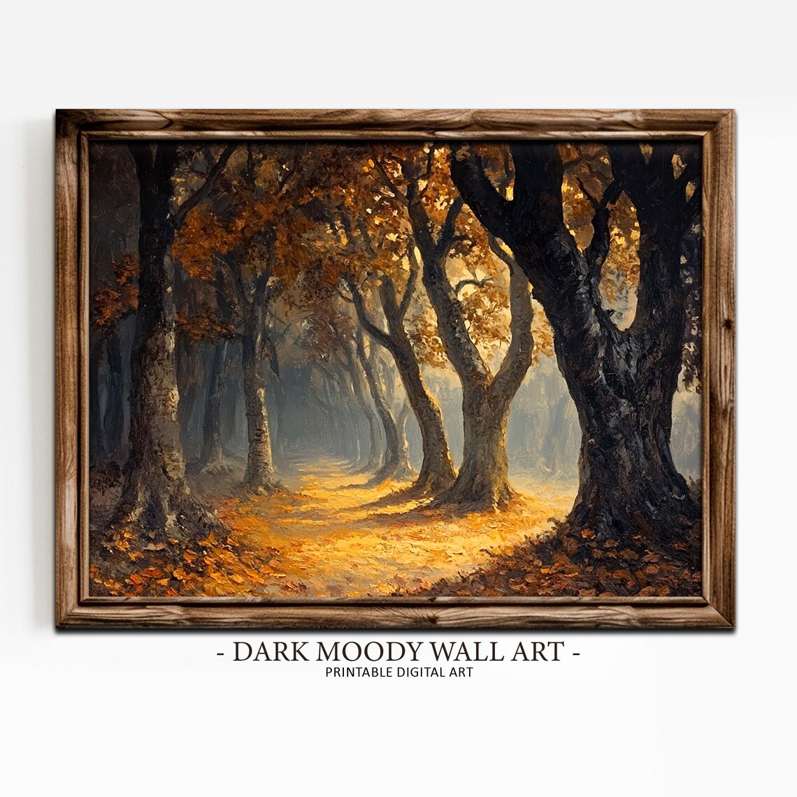 Misty Ancient Oak Forest Golden Light Moody Woodland Path Painting Poster - Image 6